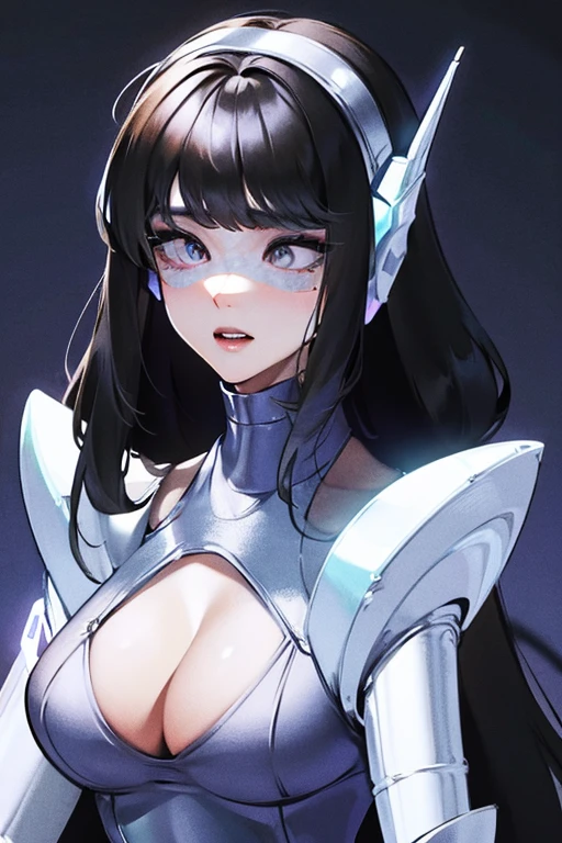 empty eyes,robotized woman ,big bust,Robot Joint ,Metal skin,Black bodysuit