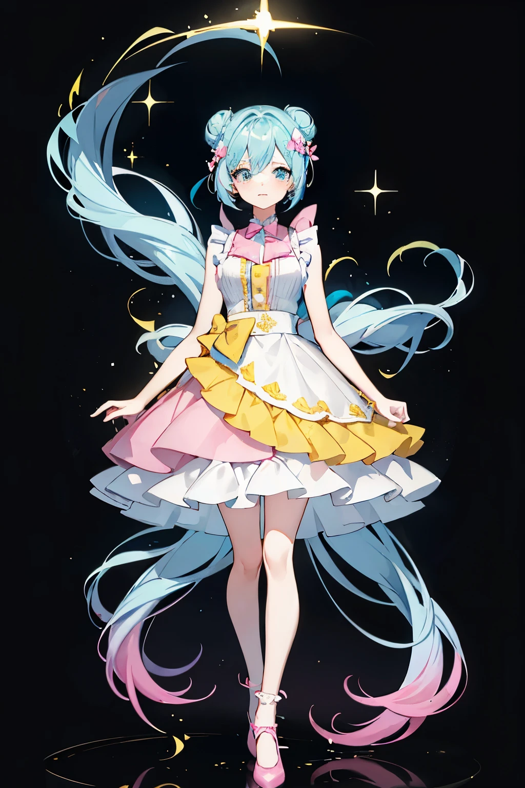 ((best quality)), ((masterpiece)), (detailed), 1 Girl, full body, 
a light cyan girl who has a smaller Bun on the back of her head that resembles a ponytail. She has shines on the front of her head, back of her smaller bubble, and on her hands. She has a large, pink bow with a yellow middle piece. She wears a pink dress the same color as her bow that consists of a sleeveless top and a circular skirt. She also wears pink and yellow striped socks that completely cover up her legs.(corrupted version)