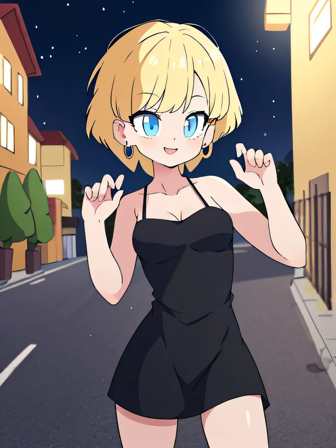 (Best Quality, Masterpiece:1.4), (Absurdres:1.2), erasa, blonde hair, short hair, blue eyes, earrings, masterpiece, best quality, very aesthetic, absurdres, spaghetti strap, skin tight black dress, sleeveless, night, street, standing, cowboy shot, medium breast, smile, 1 girl, solo
