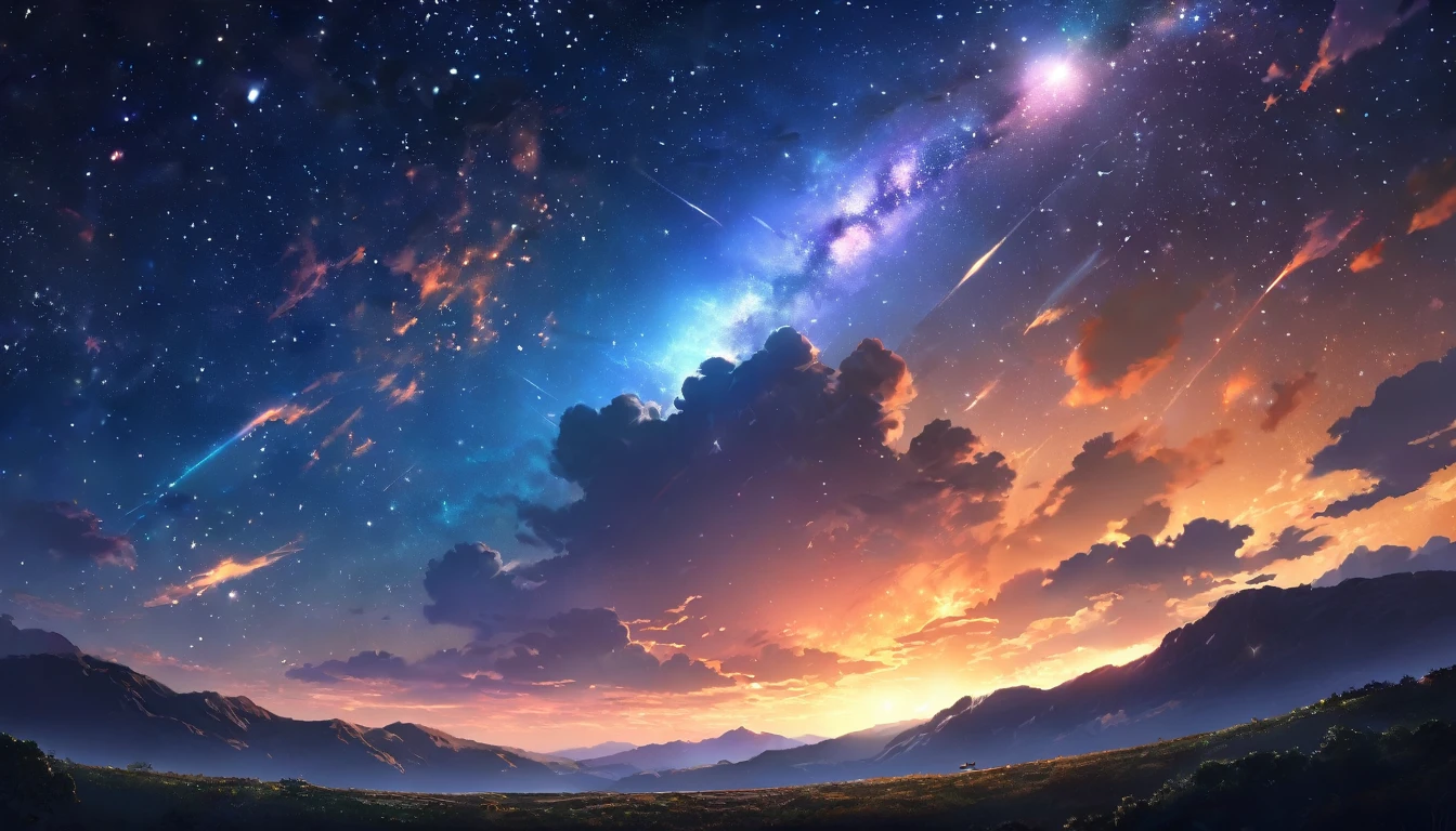 Exquisite anime night scene, Moonless starry sky details, A complex shining star, A beautiful moonless night, Very detailed, 8k, Realistic, Professional, Cinema Lighting, Glowing Nebula, Atmospheric haze, Detailed foreground elements, Calm and relaxed atmosphere, Vibrant colors, Dramatic lighting、orange