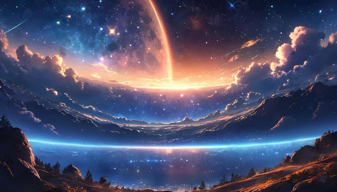 Exquisite anime night scene, Moonless starry sky details, A complex shining star, A beautiful moonless night, Very detailed, 8k, Realistic, Professional, Cinema Lighting, Glowing Nebula, Atmospheric haze, Detailed foreground elements, Calm and relaxed atmosphere, Vibrant colors, Dramatic lighting、orange