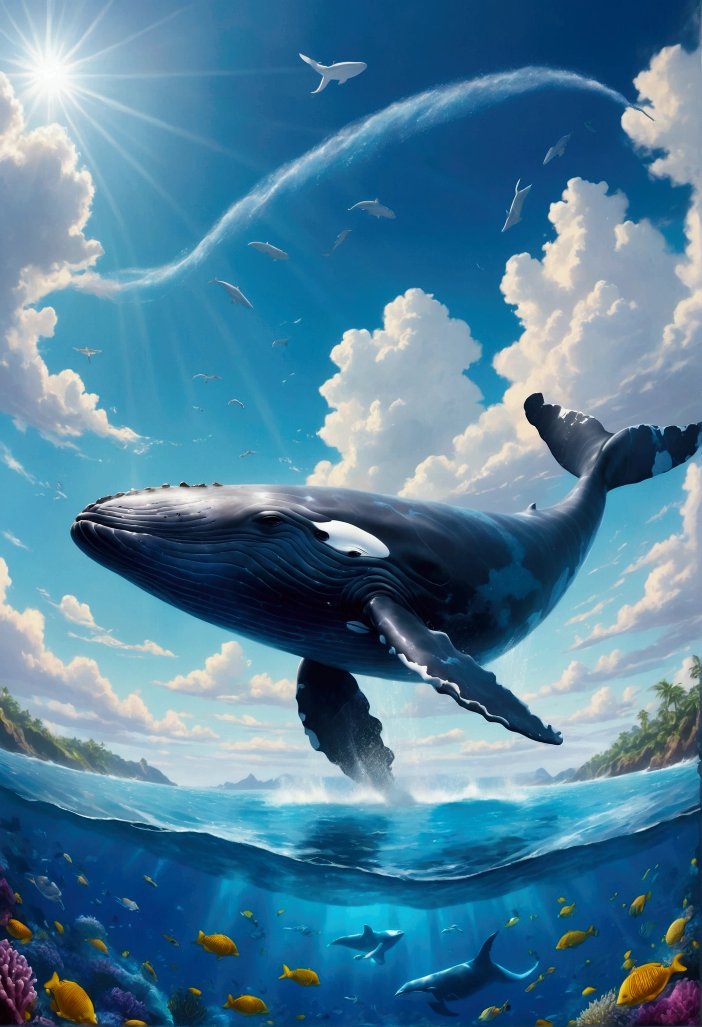 Picture a colossal Flying Whale soaring through a vivid azure sky, its massive body gliding effortlessly against the backdrop of fluffy white clouds. The Whale's body is a harmonious blend of gray and blue, reflecting the ocean it once called home. Its wings, an incredible adaptation, are vast and wing-like, covered in iridescent scales that shimmer in the sunlight, creating a mesmerizing spectacle.

Below it, a serene sea stretched out, with gentle waves rippling, as if in awe of the aerial whale. The water's surface was dotted with floating seaweed and colorful corals, casting a kaleidos