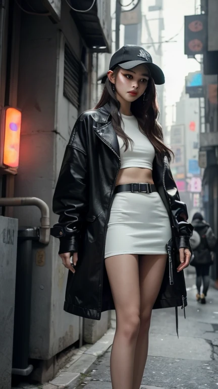 Beautiful woman with medium long hair, Wear a hat, Cyberpunk style short coat