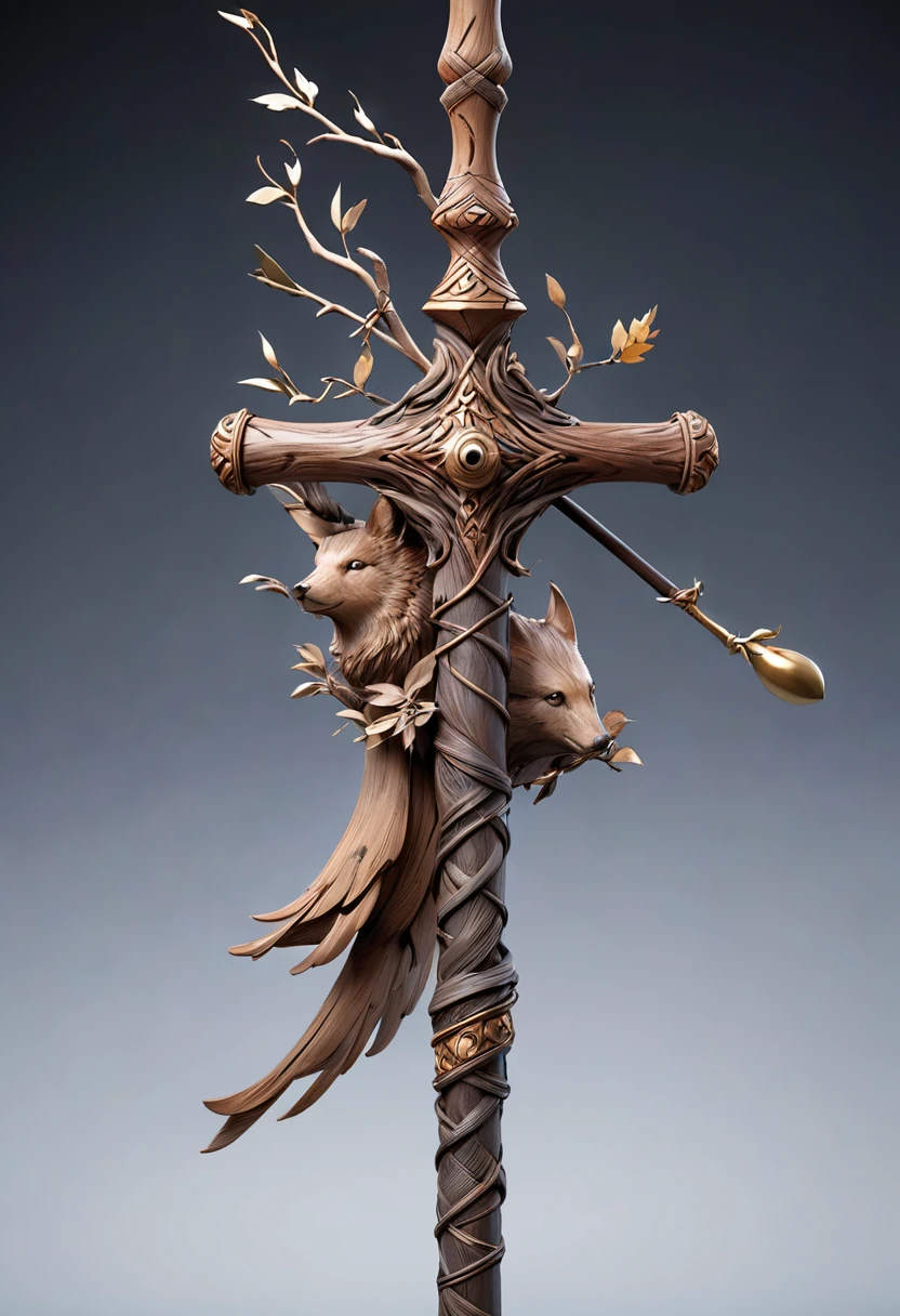 masterpiece, 8k, best quality, highly detailed, a staff made of willow wood that appears to be in all 4 seasons