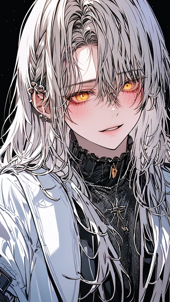 (Top resolution、Distinct_image)top-quality、A girl、​masterpiece、highly detailed, half body, Semi-realistic、yellow eyes 、18year old, silver hairs ,young 、Exquisite facial features、Facial features ,variation potrait, long  hairstyles,  , teenage, cool , cold sharp eyes, An expression of despair., Torn clothes, destroyed clothes, damaged clothing, all dirty, dirty, dirt, lifeless eyes, blood on face, , {Very detailed 8k CG unit wallpaper}, Handsome, solo, female, mafia, black shirt, white pant, white coat,