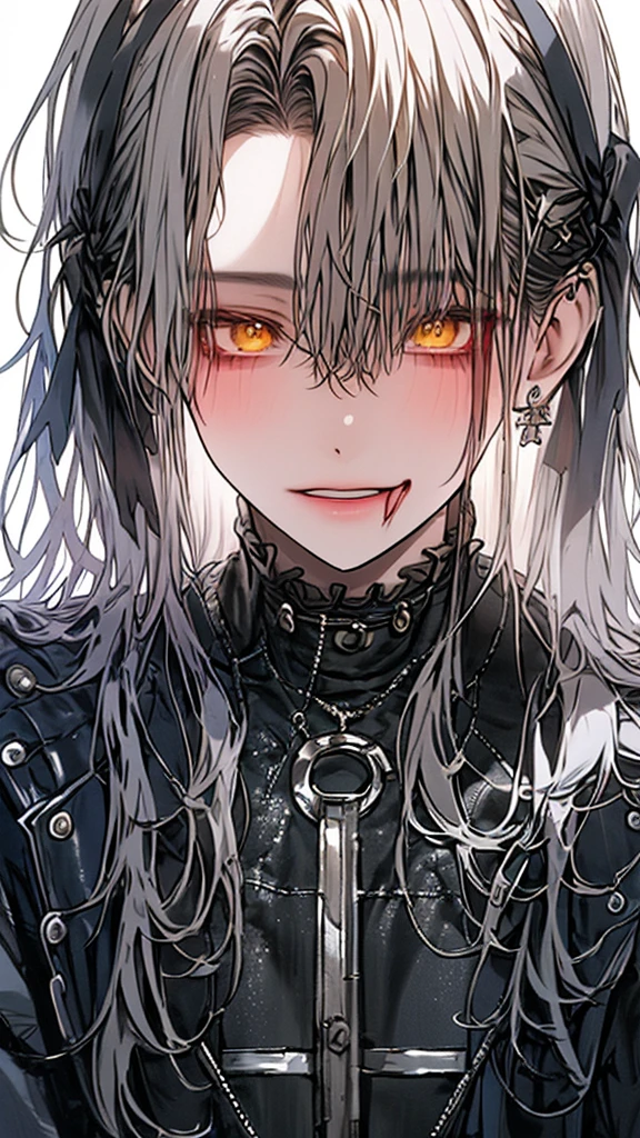 (Top resolution、Distinct_image)top-quality、A girl、​masterpiece、highly detailed, half body, Semi-realistic、yellow eyes 、18year old, silver hairs ,young 、Exquisite facial features、Facial features ,variation potrait, long  hairstyles,  , teenage, cool , cold sharp eyes, An expression of despair., Torn clothes, destroyed clothes, damaged clothing, all dirty, dirty, dirt, lifeless eyes, blood on face, , {Very detailed 8k CG unit wallpaper}, Handsome, solo, female, mafia, black shirt, white pant, white coat,