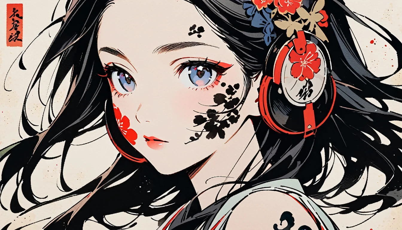 Ink Painting, (((1 girl))), (((Tattoo on face))), (((Gorgeous hair accessories))), Japanese style headphones, face close-up, Japanese beautiful girl, Black Hair, Delicate and precise, Modern ukiyo-e style