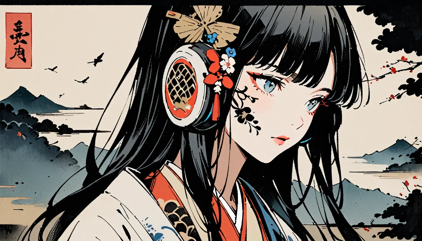 Ink Painting, (((1 girl))), (((Tattoo on face))), (((Gorgeous hair accessories))), Japanese style headphones, face close-up, Japanese beautiful girl, Black Hair, Delicate and precise, Modern ukiyo-e style