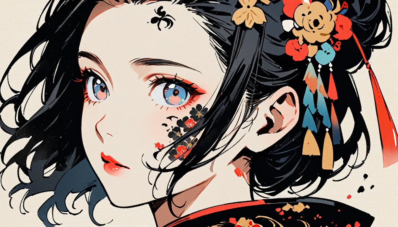 Ink Painting, (((1 girl))), (((Tattoo on face))), (((Gorgeous hair accessories))), Japanese style headphones, face close-up, Japanese beautiful girl, Black Hair, Delicate and precise, Modern ukiyo-e style