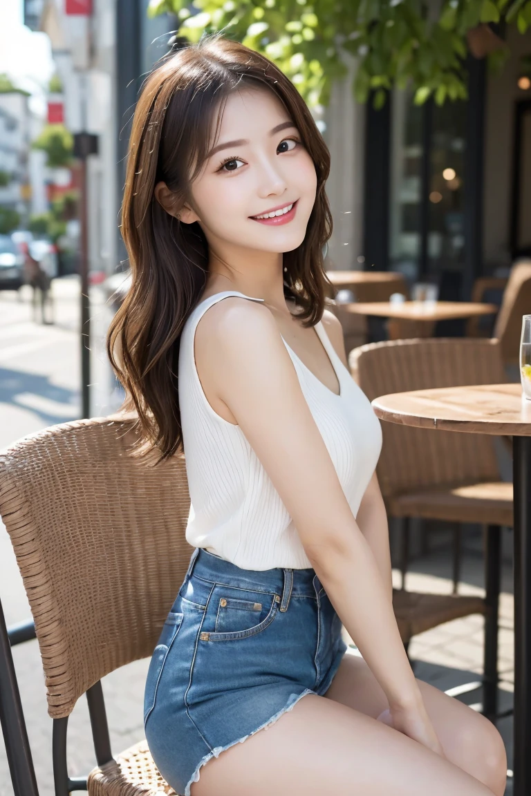 Create an image of a young woman named Iroha, focusing on her long, slender legs and slightly plump thighs. Iroha is 23 years old with shoulder-length hair that has soft curls, resembling Satomi Ishihara, giving her a cute and approachable look. She has a healthy and fit body with a natural glow to her skin. Her appearance is both cute and modest, with a hint of seductive charm.

In this image, Iroha is wearing a tight pair of denim shorts that accentuate her long, slender legs and slightly plump, toned thighs. She is sitting on a chair in a stylish outdoor cafe with one leg crossed over the other, highlighting the smooth and toned skin of her thighs. Her posture is graceful, with her back straight and her head slightly tilted as she smiles warmly. Her large, inviting eyes and warm smile reflect her cheerful and bubbly personality. She is also wearing a sleeveless top, which complements her casual yet stylish look.

The background is a charming outdoor cafe with plants and cozy seating, creating a relaxed and pleasant atmosphere. The lighting should accentuate the natural glow of her skin and the delicate features of her legs and thighs. Capture the essence of her youthful beauty and the graceful elegance of her long, slender legs and slightly plump thighs in this detailed image.