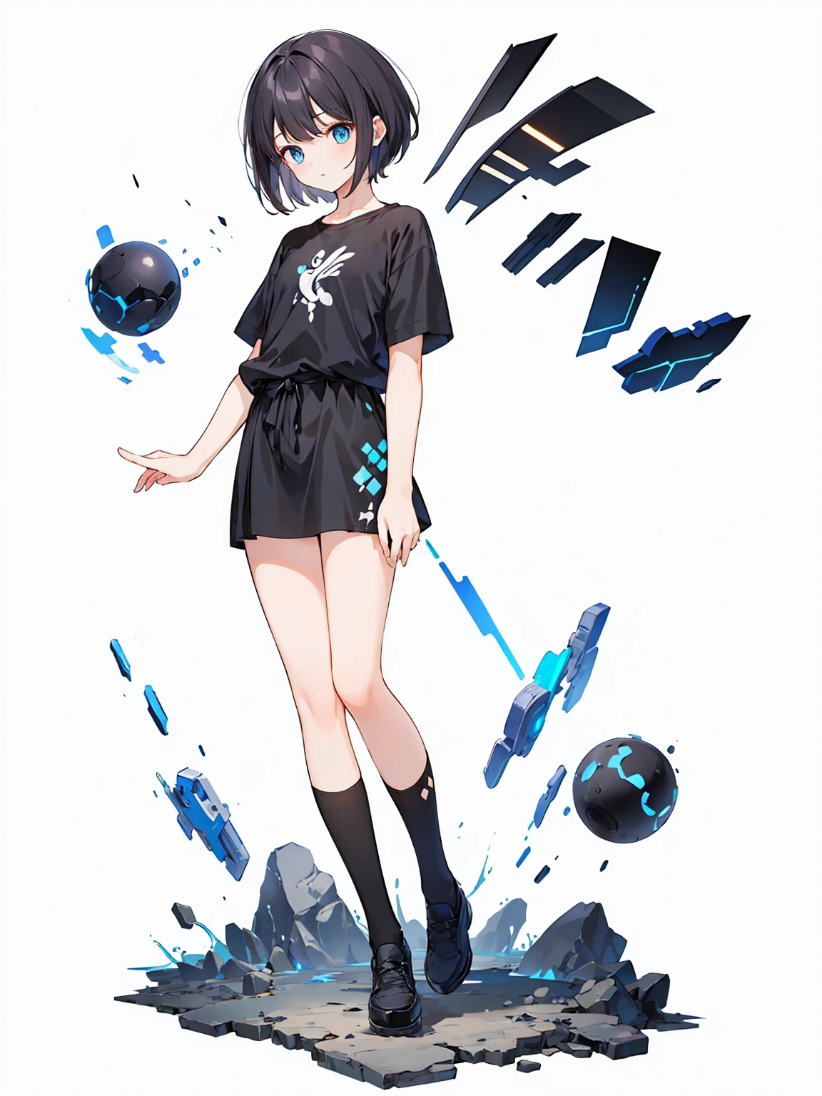Full body ,dynamic Standing ,(เหมือนจริง:1.37)、1girl, solo, blue eyes, (detailed eyes), flat chest, short hair, black hair, ((black t-shirt)), simple t-shirt, black skirt, black socks, standing, upper body, (white background), Transparent background, looking down, ((masterpiece, illustration, best quality)) , (Full body:1.5), Blank white background, (white background), Transparent background, looking down, ((masterpiece, illustration, best quality))