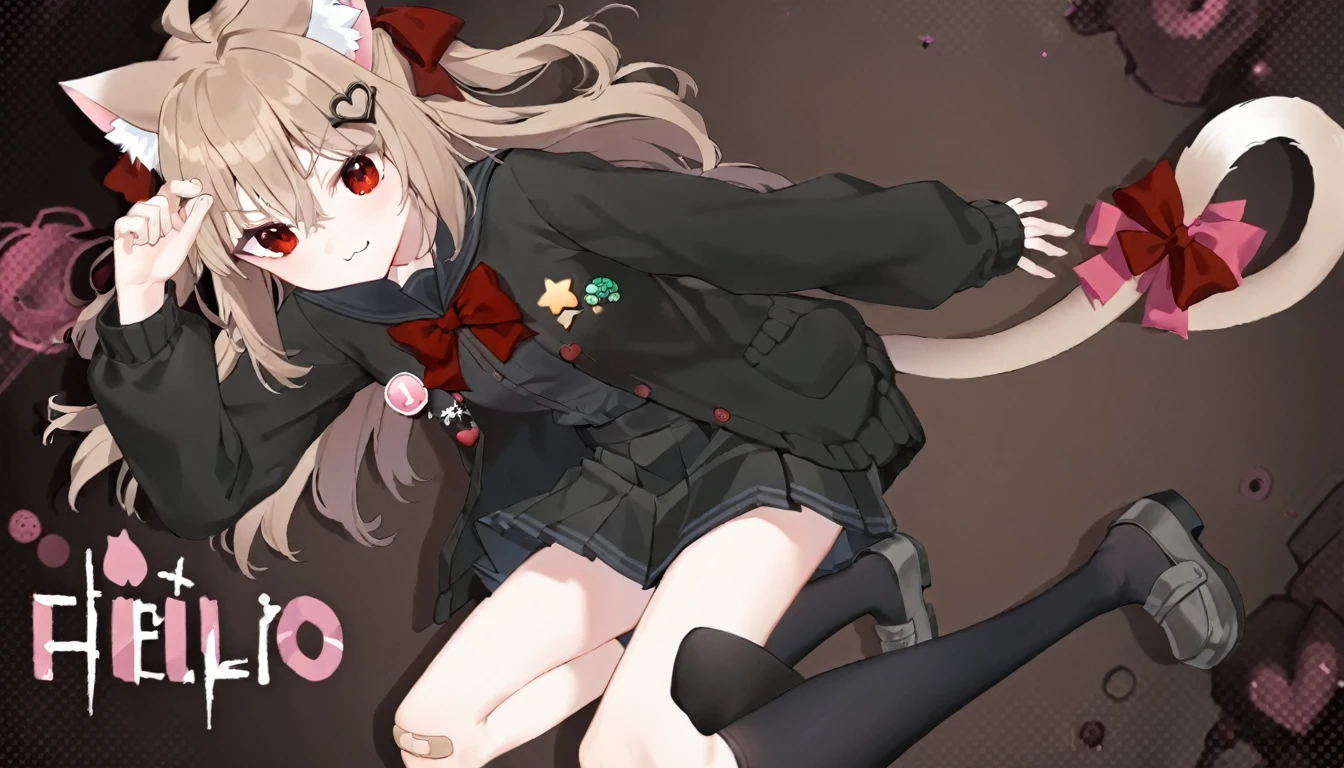 1girl, evil neuro-sama, red eyes, light brown hair, ahoge, two side up, hair ribbon, dark red ribbon, heart hair ornament, black cardigan, open cardigan, black sailor collar, long sleeves, red bow, heart, button badge, star \(symbol\), drone, the number "1" on a badge, turtle, black skirt, pleated skirt, asymmetrical legwear, black thighhighs, black kneehighs, bandaid on knee, grey footwear, loafers,cat ears, cat tail, tail bow, :3,