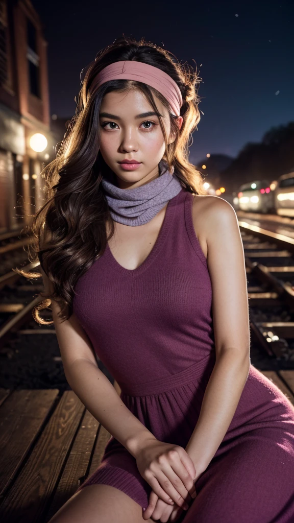 Masterpiece, 20 year old woman, full body, he highest quality, big pink eyes,proportionate lips, Colorful cinematic lighting, purpple Cashmere Dress bare shoulders, with overflow [purpple] long wavy hair, ponytail, (wearing a headband and scarf), (Perfect face:1.1), mist,sitting Train tracks, at night, moon, moonlight, romantic, HDR, Very detailed, 8k, Hyper realistic, shot at eye level, Cinestill 800