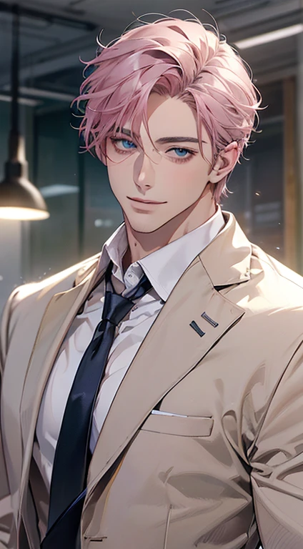 (Highest quality,4K,8K,High resolution,masterpiece:1.2),Super detailed,(Realistic,photoRealistic,photo-Realistic:1.37),1 person,31 years old,Mature Men,Beautiful skin、very handsome,Expressionless,smile,Short gray pink hair,blue eyes,Sharp Eyes,A perfect face without a doubt,Businessman,Office Background,Cinema Lighting,HDR image,tie、
