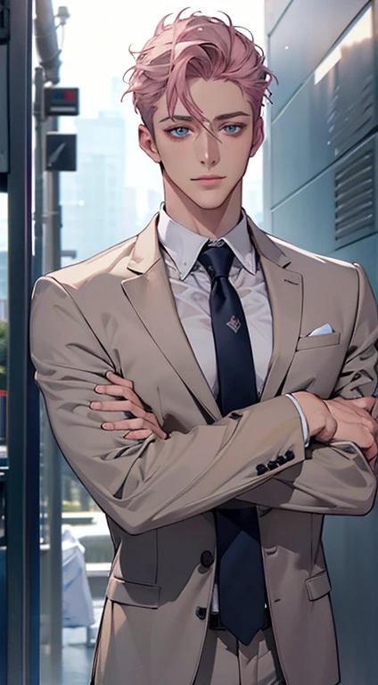 (Highest quality,4K,8K,High resolution,masterpiece:1.2),Super detailed,(Realistic,photoRealistic,photo-Realistic:1.37),1 person,31 years old,Mature Men,Beautiful skin、very handsome,Expressionless,smile,Short gray pink hair,blue eyes,Sharp Eyes,A perfect face without a doubt,Businessman,Office Background,Cinema Lighting,HDR image,tie、