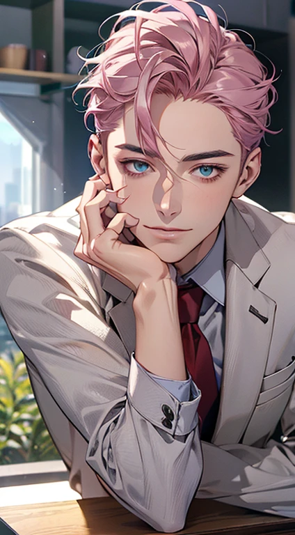 (Highest quality,4K,8K,High resolution,masterpiece:1.2),Super detailed,(Realistic,photoRealistic,photo-Realistic:1.37),1 person,31 years old,Mature Men,Beautiful skin、very handsome,Expressionless,smile,Short gray pink hair,blue eyes,Sharp Eyes,A perfect face without a doubt,Businessman,Office Background,Cinema Lighting,HDR image,tie、