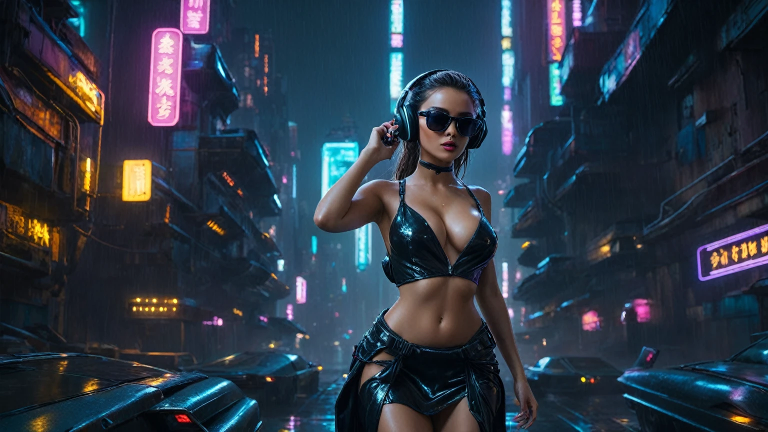 (aerial view, a flying cars docking platform, a very dark abandoned futuristic city, neon lights), rainy night. (((1girl, solo, alone))), large-breast:1.2 slim body, cleavage:1.1, sexy wind blowing wet dress:1.4, (((headphone, black sunglasses, standing and holding pistol:1.8, dynamic rushing pose))), (((((half-body thigh level medium shot))))), cinematic lighting, lens flare, ray tracing.