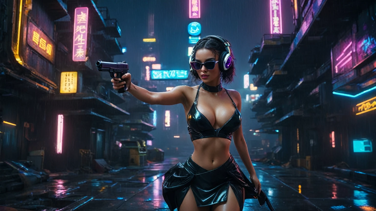 (aerial view, a flying cars docking platform, a very dark abandoned futuristic city, neon lights), rainy night. (((1girl, solo, alone))), large-breast:1.2 slim body, cleavage:1.1, sexy wind blowing wet dress:1.4, (((headphone, black sunglasses, standing and holding pistol:1.8, dynamic rushing pose))), (((((half-body thigh level medium shot))))), cinematic lighting, lens flare, ray tracing.