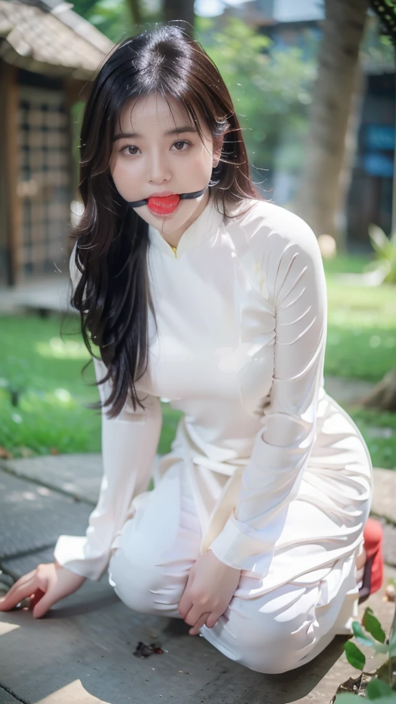 vietnamese woman，Beautuful Women，(Crawling on all fours)，crawling on hands and knees，Kneeling position，Posture with buttocks sticking out，((put out the tongue))，(((Drooling)))，dripping saliva，Kamimei，(((Ao Dai)))，(Landscape of Vietnam)， ((Slums))，surrealism, F/1.2, Fuji Film, 35 mm, 8K, Super Detail, nffsw, masutepiece, Textured skin, High quality, Best Quality, hard disk ballgag 