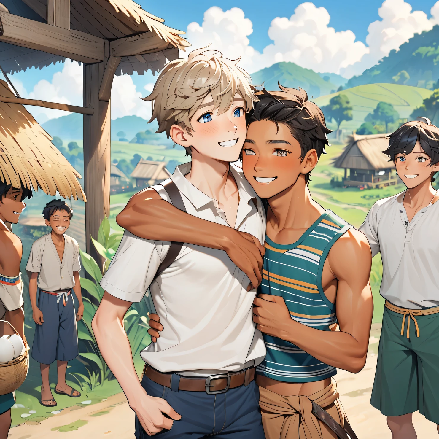A twink male villagers hug a tanned male bushman