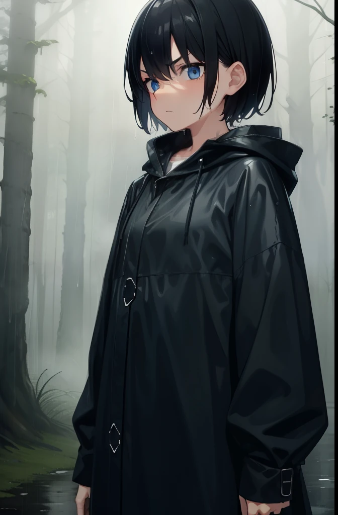 forest,rain,fog,cloudy,Girl 1,boyish,short hair,Black Hair,blue eyes,Long black raincoat,Put on the hood,Serious face,Wet,Are standing,Gloomy face,front,Cowboy Shot,Sweat