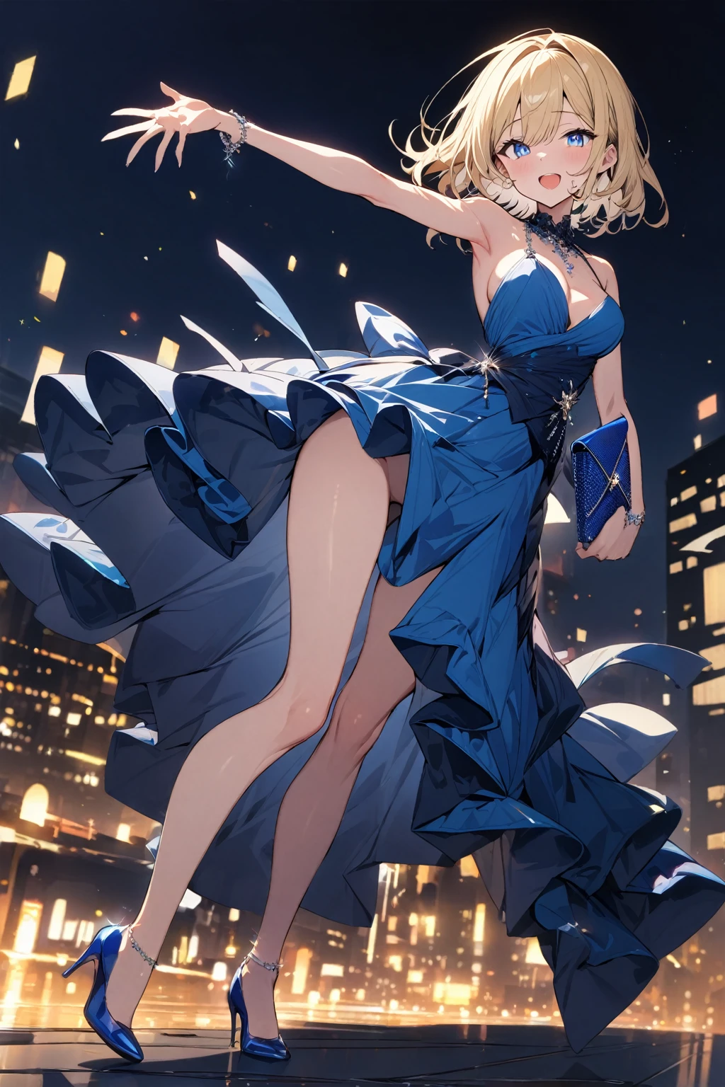 cute girl, solo, masterpiece, best quality, ultra detailed,
blonde, blue eyes, bright eyes,
blue party dress, elegant, high heels, clutch bag, night background, joyful