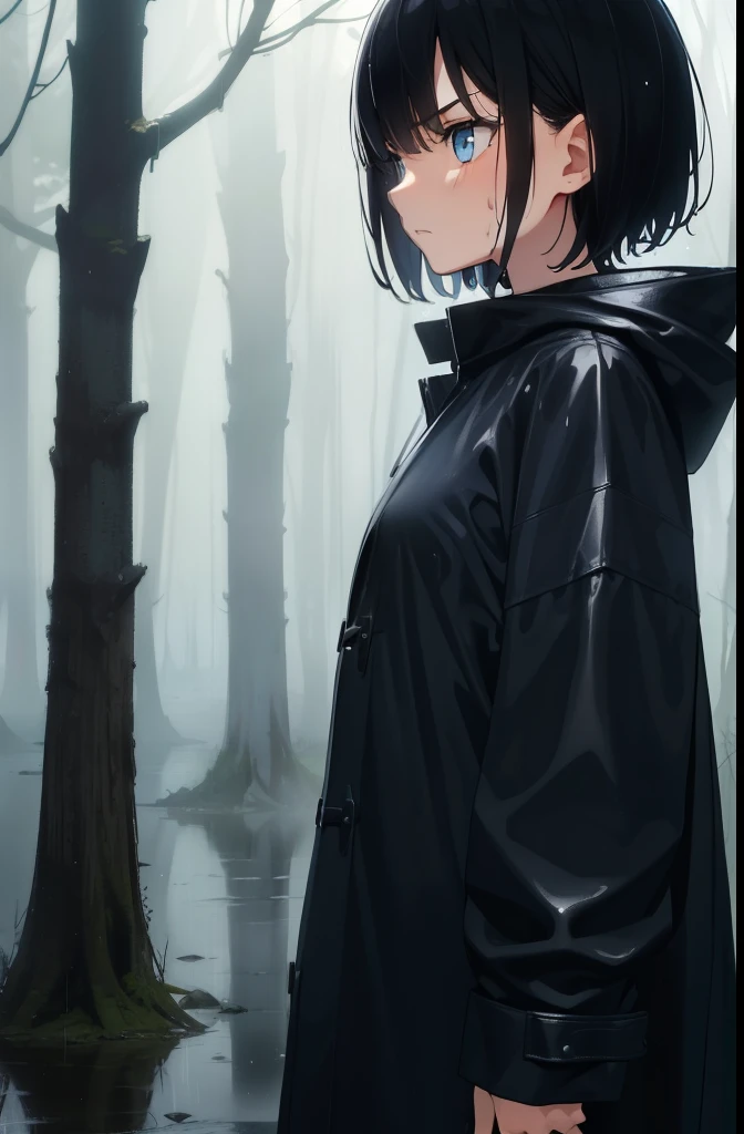 forest,rain,fog,cloudy,Girl 1,boyish,short hair,Black Hair,blue eyes,Long black raincoat,Put on the hood,Serious face,Wet,Are standing,Gloomy face,front,Cowboy Shot,Sweat