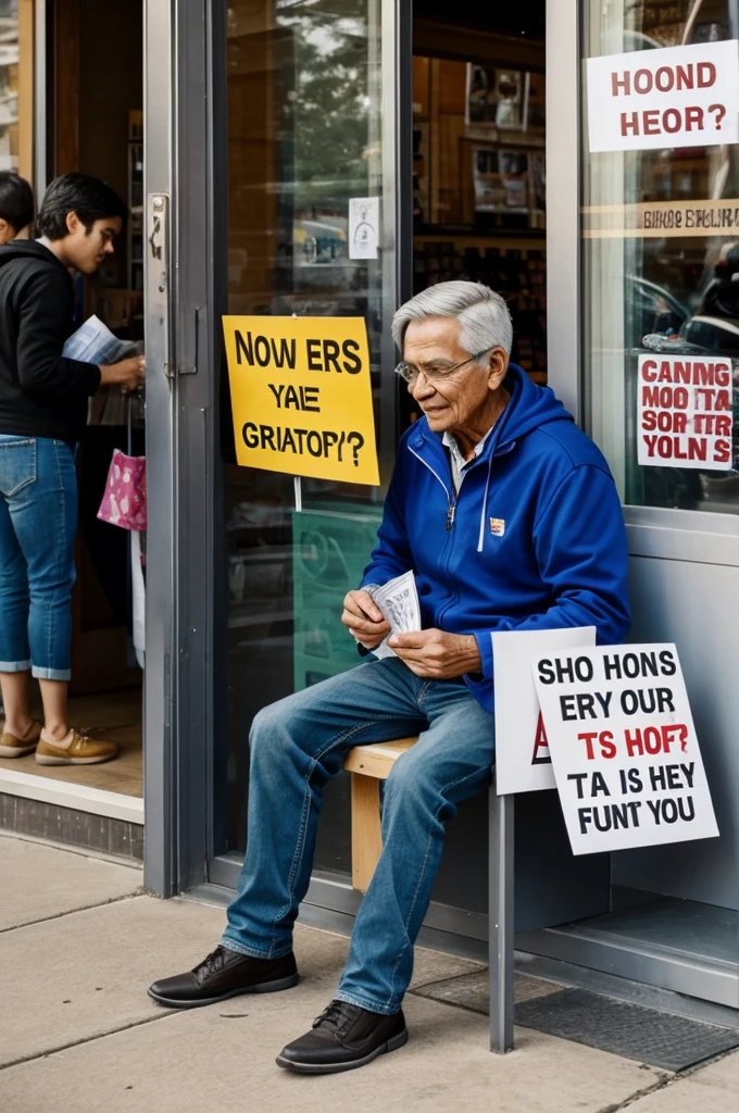 A young man sits next to a store and holds a sign asking for money., and grandma gives him money