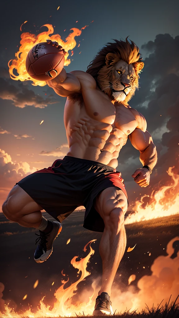 A Muscular man. Scary lion head. Playing football. Burning field background.