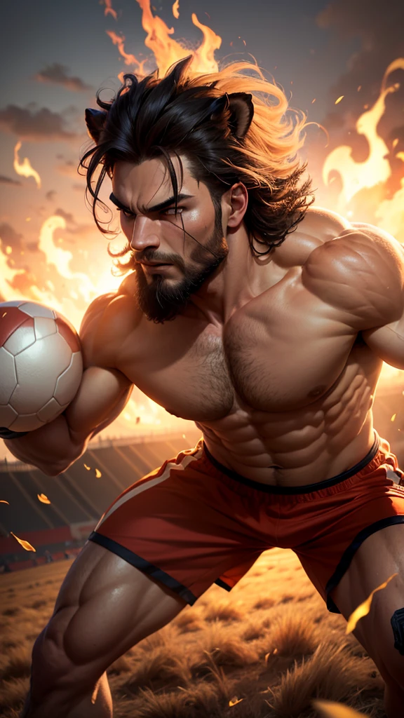 A Muscular man. Scary lion head. Playing football. Burning field background.