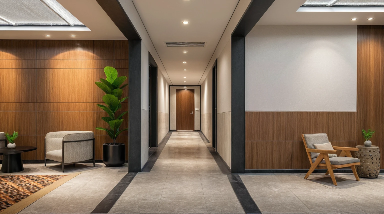 Masterpiece, high quality, best quality, authentic, super detail, onestoreyvillaXL, aiaigroup, the image shows a modern interior space with a large hallway, a door, and a room with a window.