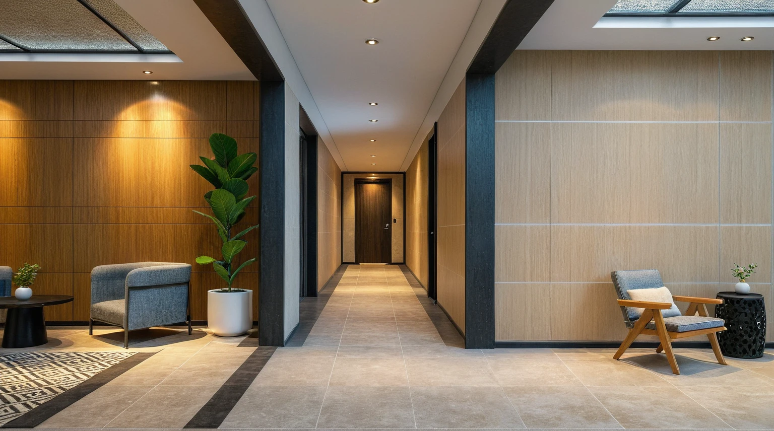 Masterpiece, high quality, best quality, authentic, super detail, onestoreyvillaXL, aiaigroup, the image shows a modern interior space with a large hallway, a door, and a room with a window.