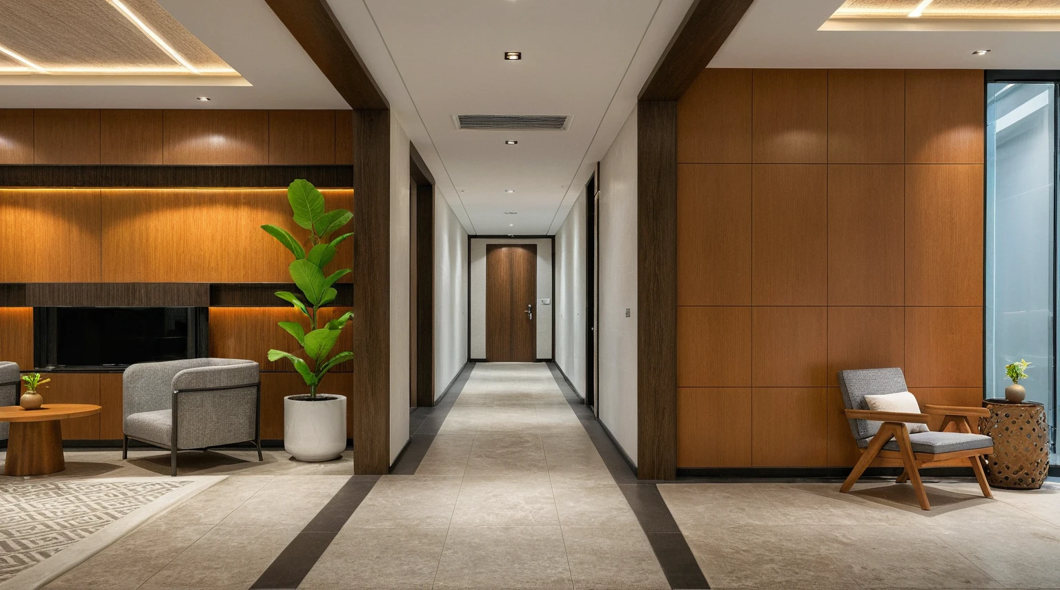 Masterpiece, high quality, best quality, authentic, super detail, onestoreyvillaXL, aiaigroup, the image shows a modern interior space with a large hallway, a door, and a room with a window.