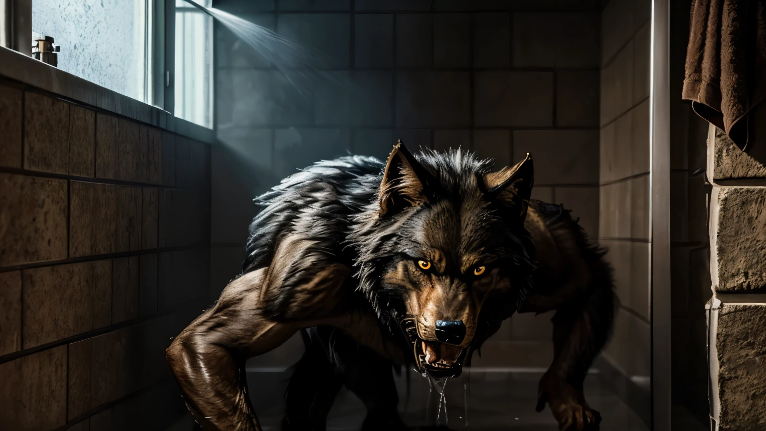 A werewolf with growls fiercely as he showers in a next to a broken wall