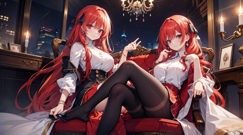 Highest quality, masterpiece, figure, wallpaper,One girl,White shirt, Light Hair, Beautiful detailed girl, Highly detailed eyes and face, Beautiful attention to detail, Shine,Browsing Caution, View your viewers, Chair, night, Black Pantyhose, Straight hair, Red Eyes, long hair,Red Hair, thick_Thighs, Large Breasts, Red eyes,beautiful finger, clear background, deep night, sit、smile、Big earrings、bracelet、Gal、candle