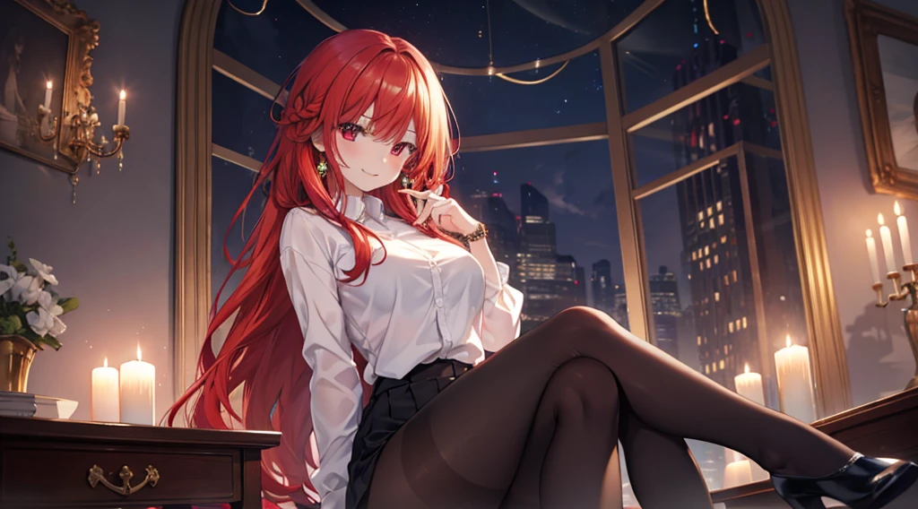 Highest quality, masterpiece, figure, wallpaper,One girl,White shirt, Light Hair, Beautiful detailed girl, Highly detailed eyes and face, Beautiful attention to detail, Shine,Browsing Caution, View your viewers, Chair, night, Black Pantyhose, Straight hair, Red Eyes, long hair,Red Hair, thick_Thighs, Large Breasts, Red eyes,beautiful finger, clear background, deep night, sit、smile、Big earrings、bracelet、Gal、candle