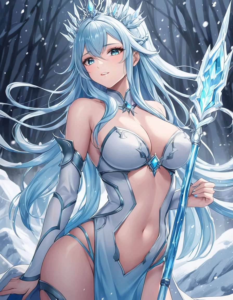 Sexy asian woman, big , long hair, light blue hair, ice queen warrior, sexy, frozen environment, 