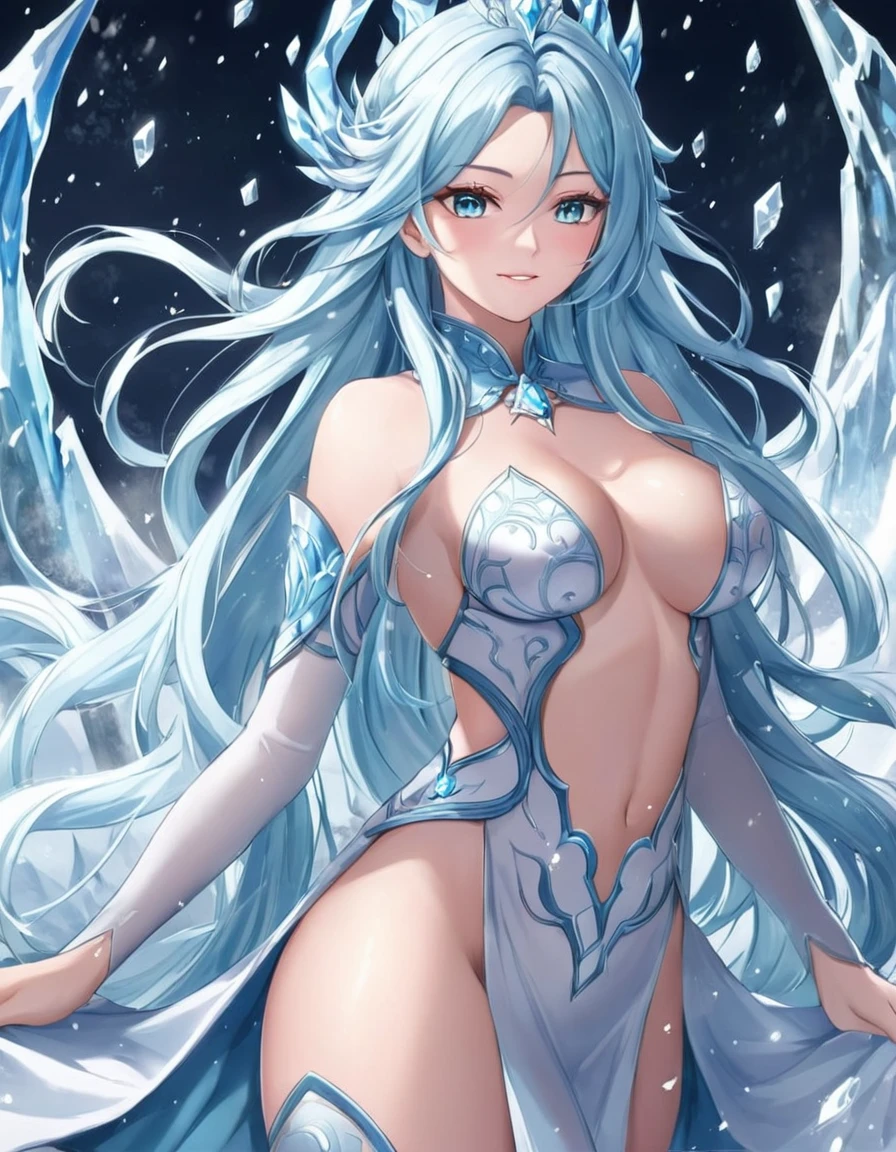 Sexy asian woman, big , long hair, light blue hair, ice queen warrior, sexy, frozen environment, 