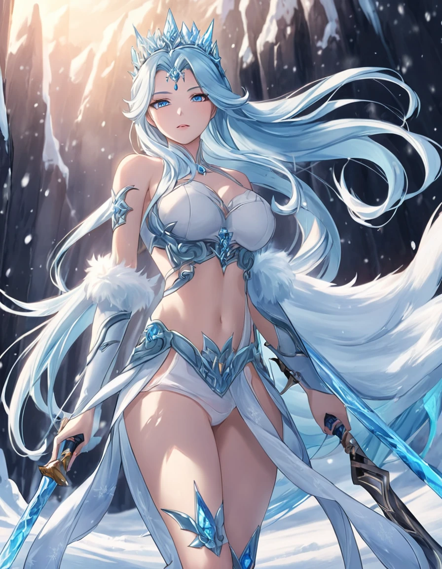 Sexy asian woman, big , long hair, light blue hair, ice queen warrior, sexy, frozen environment, 