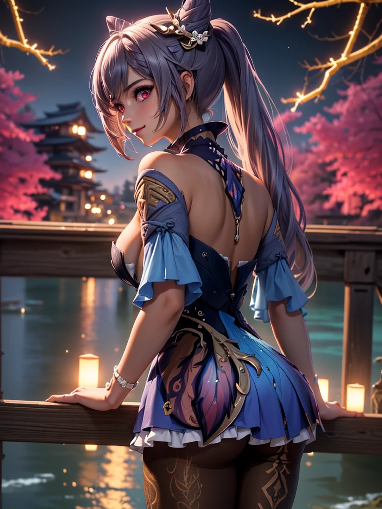 masterpiece, best quality, ultra-detailed, glistening shiny, glowing light, ray tracing, HDR, deph of field, (perfect face, detailed face, detailed eyeedium boobs:1.2),8k,HD,ultra realistic face,ray tracing,perfect lighting,best quality, ultra-detailed, shiny eyes, (looking at viewer,smile:1.1), ((1girl)), (gyaru, mature female:1.4),cowboy shot,thighs, (twin ponytails),streaked_hair,((red streaked)),(multicolored hair), ((purple_eyeulticolored eyes, gradient eyes, (glowing eyes:1.5), mascara, (fashion make up), parted lips, blush,choker, ((middle of japan, bridge, river, bushes, trees, walls, houses)),(complex background, many elements in the background:1.2),((super detailed background)), dynamic poses, ((8k wallpaper)), back view, ass, ass, pussy