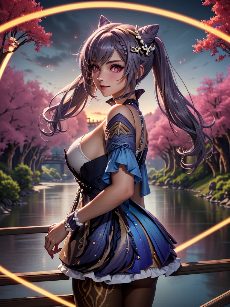masterpiece, best quality, ultra-detailed, glistening shiny, glowing light, ray tracing, HDR, deph of field, (perfect face, detailed face, detailed eyeedium boobs:1.2),8k,HD,ultra realistic face,ray tracing,perfect lighting,best quality, ultra-detailed, shiny eyes, (looking at viewer,smile:1.1), ((1girl)), (gyaru, mature female:1.4),cowboy shot,thighs, (twin ponytails),streaked_hair,((red streaked)),(multicolored hair), ((purple_eyeulticolored eyes, gradient eyes, (glowing eyes:1.5), mascara, (fashion make up), parted lips, blush,choker, ((middle of japan, bridge, river, bushes, trees, walls, houses)),(complex background, many elements in the background:1.2),((super detailed background)), dynamic poses, ((8k wallpaper)), back view, ass,  ass, pussy