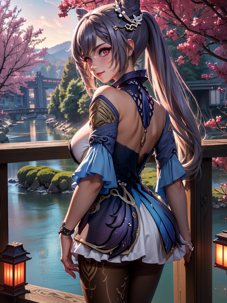 masterpiece, best quality, ultra-detailed, glistening shiny, glowing light, ray tracing, HDR, deph of field, (perfect face, detailed face, detailed eyeedium boobs:1.2),8k,HD,ultra realistic face,ray tracing,perfect lighting,best quality, ultra-detailed, shiny eyes, (looking at viewer,smile:1.1), ((1girl)), (gyaru, mature female:1.4),cowboy shot,thighs, (twin ponytails),streaked_hair,((red streaked)),(multicolored hair), ((purple_eyeulticolored eyes, gradient eyes, (glowing eyes:1.5), mascara, (fashion make up), parted lips, blush,choker, ((middle of japan, bridge, river, bushes, trees, walls, houses)),(complex background, many elements in the background:1.2),((super detailed background)), dynamic poses, ((8k wallpaper)), back view, ass,  ass, pussy