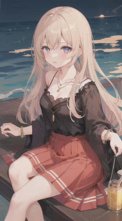 One girl,Lifeland,Sitting,Flared lace skirt with lots of embellishments、blouse、necklace、bracelet (masterpiece, Highest quality), (One girl18歳)
