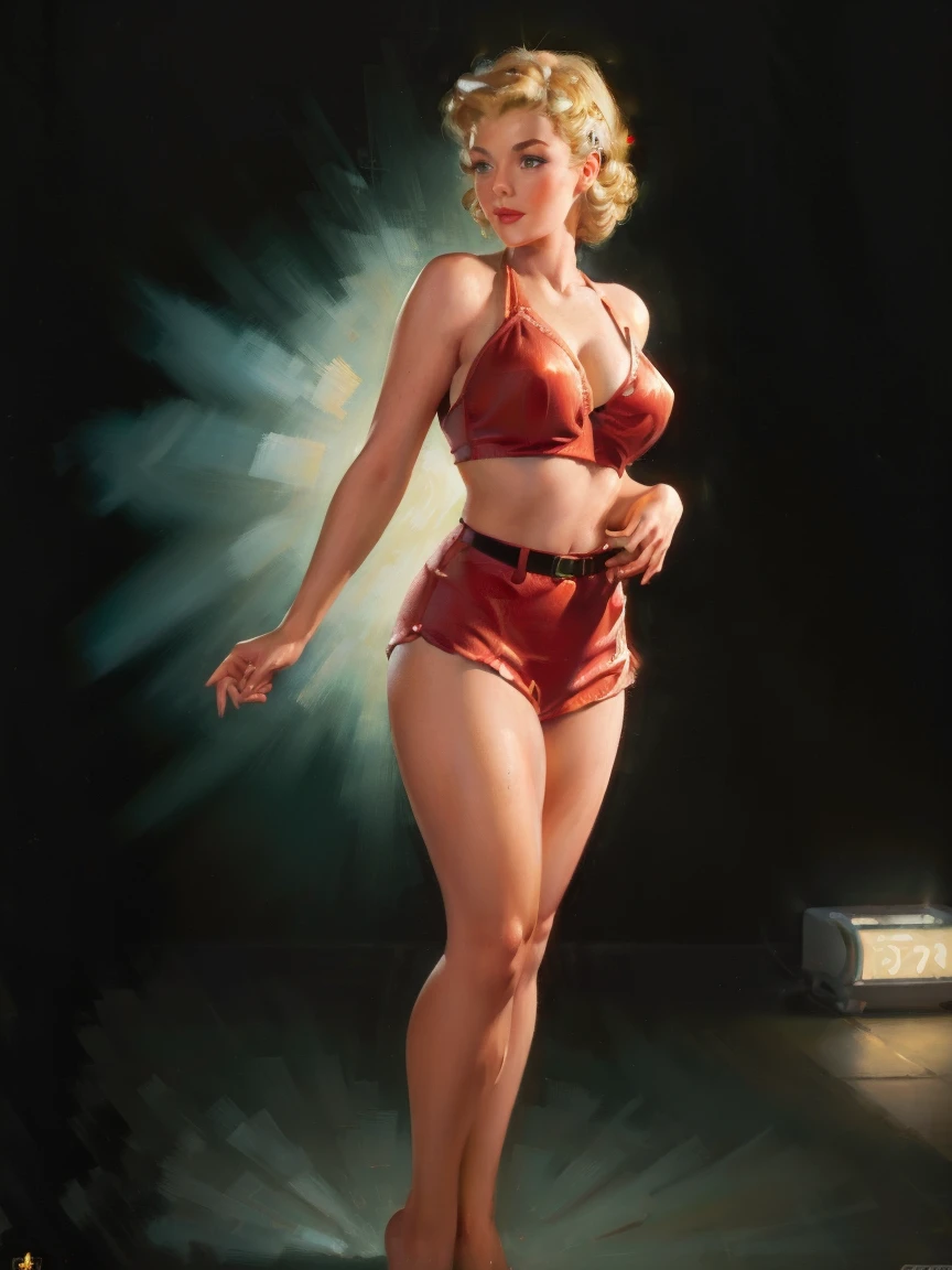 (masterpiece:1.4), (Highest quality:1.4), Retro Vintage Pinup Style, extremely detailed, Complex, hyper-detailed, (detailed hand,refer to, feet),figure, Soft lighting, 25 year old pin-up girl, Blonde, (perfection_face), Standing pose, Two Piece Bikini, Complex, Dramatic lighting, 4K, detailed_background, Caustics, full_body, Digital_figure