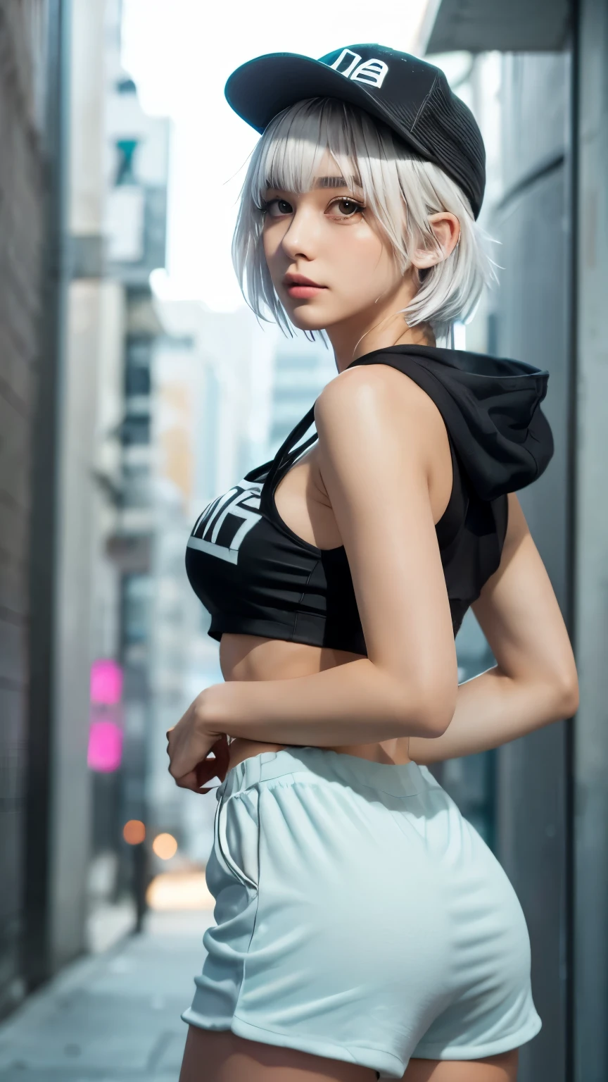 masterpiece, Highest quality, Very detailed, 8k, Realistic, One Girl, alone, Tomboy, Very detailed face, (head shot:1.5), Standing in front of a wall covered in hip hop graffiti, Cyberpunk neon cityscape,Pixie cut white hair, She is wearing a short neon tank top and an open hoodie....,I can see your chest,Nice ass,Wear a New Era cap