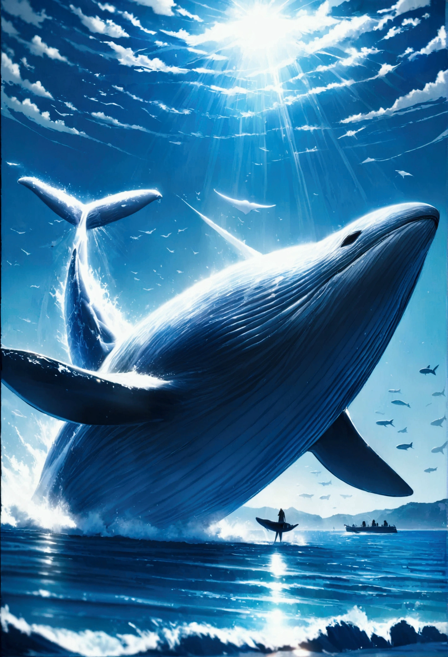 Picture a colossal Flying Whale soaring through a vivid azure sky, its massive body gliding effortlessly against the backdrop of fluffy white clouds. The Whale's body is a harmonious blend of gray and blue, reflecting the ocean it once called home. Its wings, an incredible adaptation, are vast and wing-like, covered in iridescent scales that shimmer in the sunlight, creating a mesmerizing spectacle.

Below it, a serene sea stretched out, with gentle waves rippling, as if in awe of the aerial whale. The water's surface was dotted with floating seaweed and colorful corals, casting a kaleidos