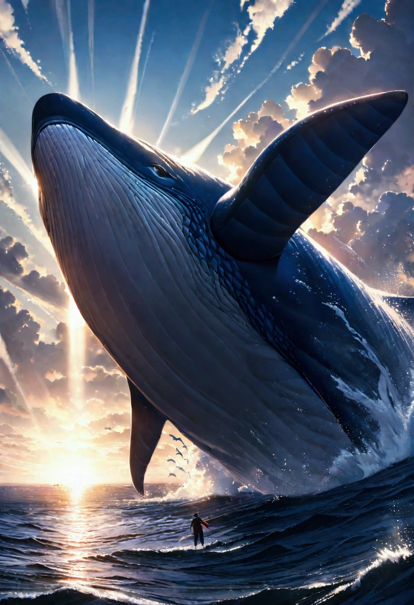 Picture a colossal Flying Whale soaring through a vivid azure sky, its massive body gliding effortlessly against the backdrop of fluffy white clouds. The Whale's body is a harmonious blend of gray and blue, reflecting the ocean it once called home. Its wings, an incredible adaptation, are vast and wing-like, covered in iridescent scales that shimmer in the sunlight, creating a mesmerizing spectacle.

Below it, a serene sea stretched out, with gentle waves rippling, as if in awe of the aerial whale. The water's surface was dotted with floating seaweed and colorful corals, casting a kaleidos