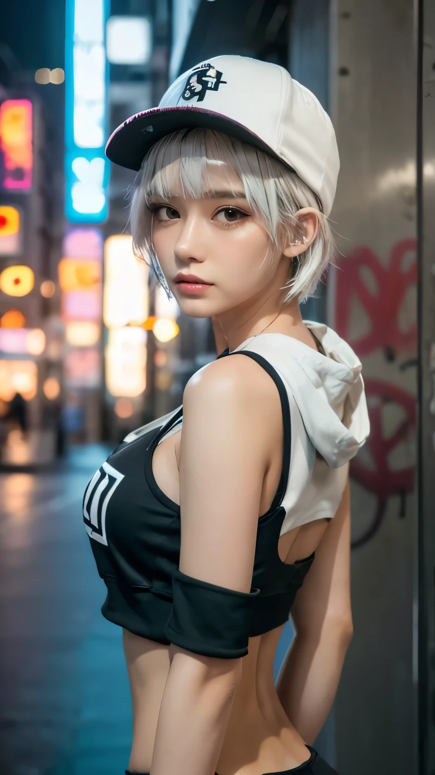 masterpiece, Highest quality, Very detailed, 8k, Realistic, One Girl, alone, Tomboy, Very detailed face, (head shot:1.5), Standing in front of a wall covered in hip hop graffiti, Cyberpunk neon cityscape,Pixie cut white hair, She is wearing a short neon tank top and an open hoodie....,I can see your chest,Nice ass,Wear a New Era cap