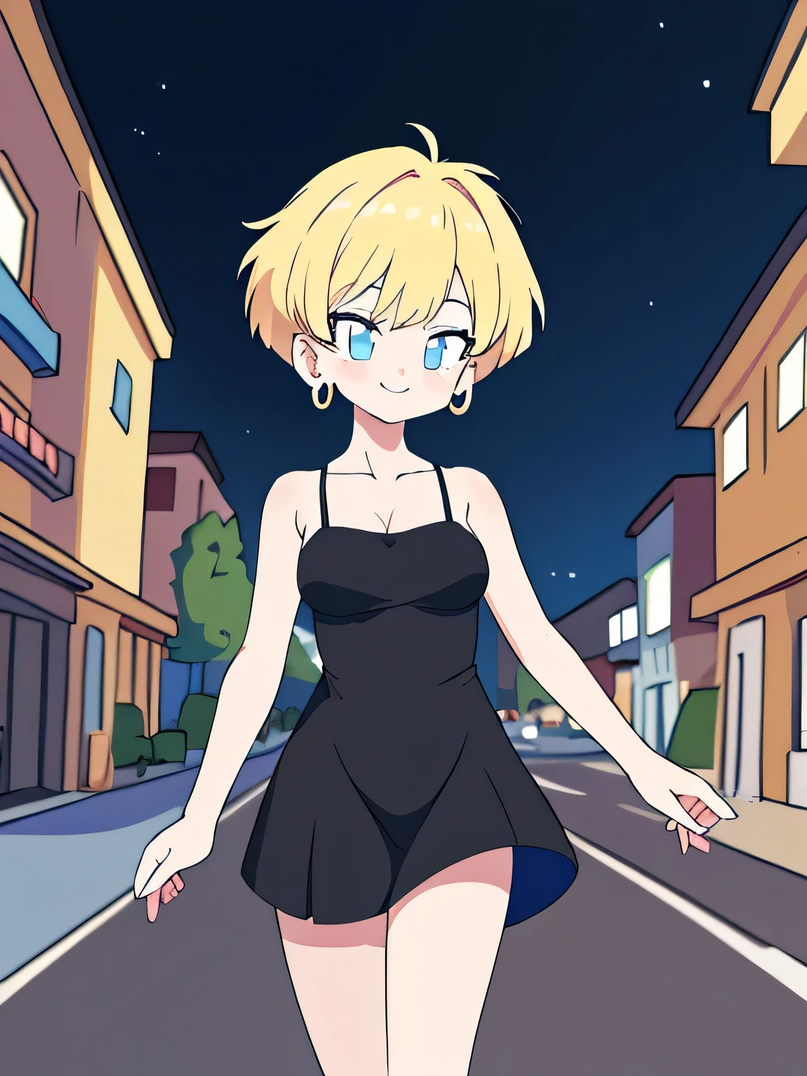 (Best Quality, Masterpiece:1.4), (Absurdres:1.2), erasa, blonde hair, short hair, blue eyes, earrings, masterpiece, best quality, very aesthetic, absurdres, spaghetti strap, skin tight black dress, sleeveless, night, street, standing, cowboy shot, medium breast, smile, 1 girl, solo
