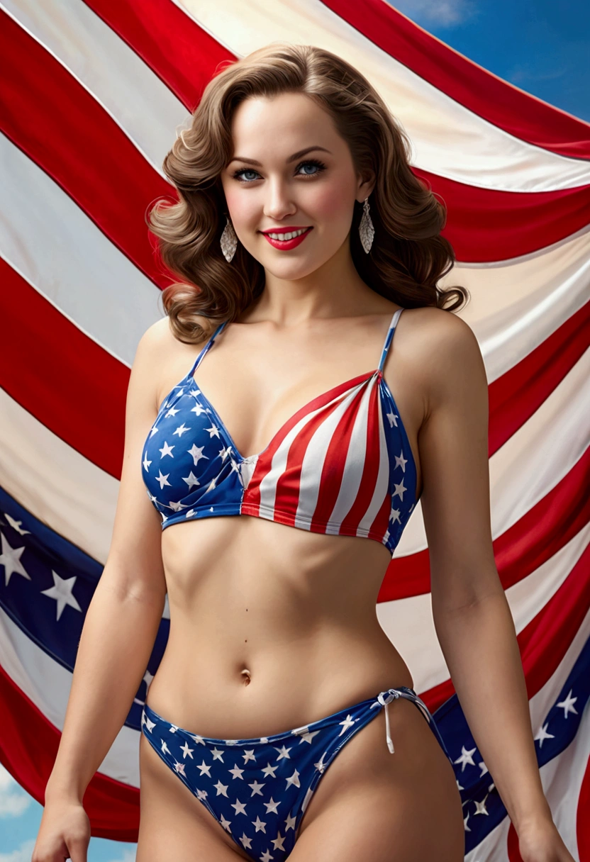 fay wray, age 25, bombshell swimsuit american flag pattern, waving an american flag, american flag background, flirty joyous poses, best quality, 4k, 8k, highres, masterpiece:1.2, ultra-detailed, realistic, photorealistic, photo-realistic:1.37, HDR, UHD, studio lighting, ultra-fine painting, sharp focus, physically-based rendering, extreme detail description, professional, vivid colors, bokeh, portraits